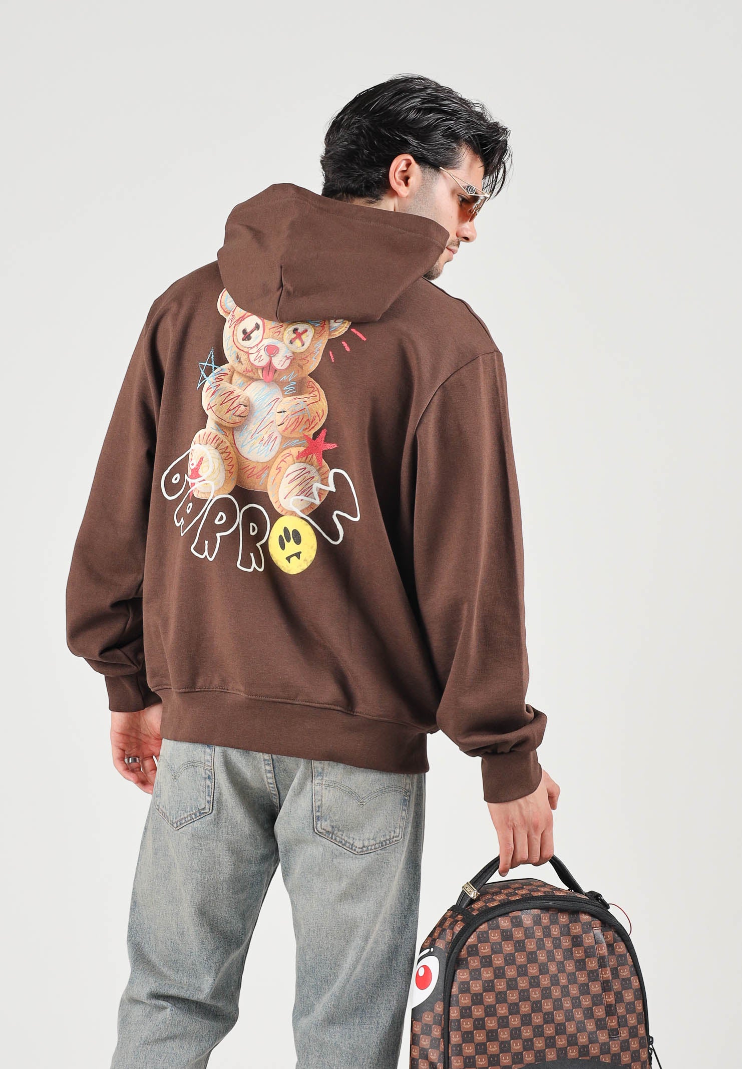 BARROW Felpa con cappuccio choco-marrone per uomo e donna con stampe grafiche colorate sul petto. F6BWUAHS046 1050 BARROW 
