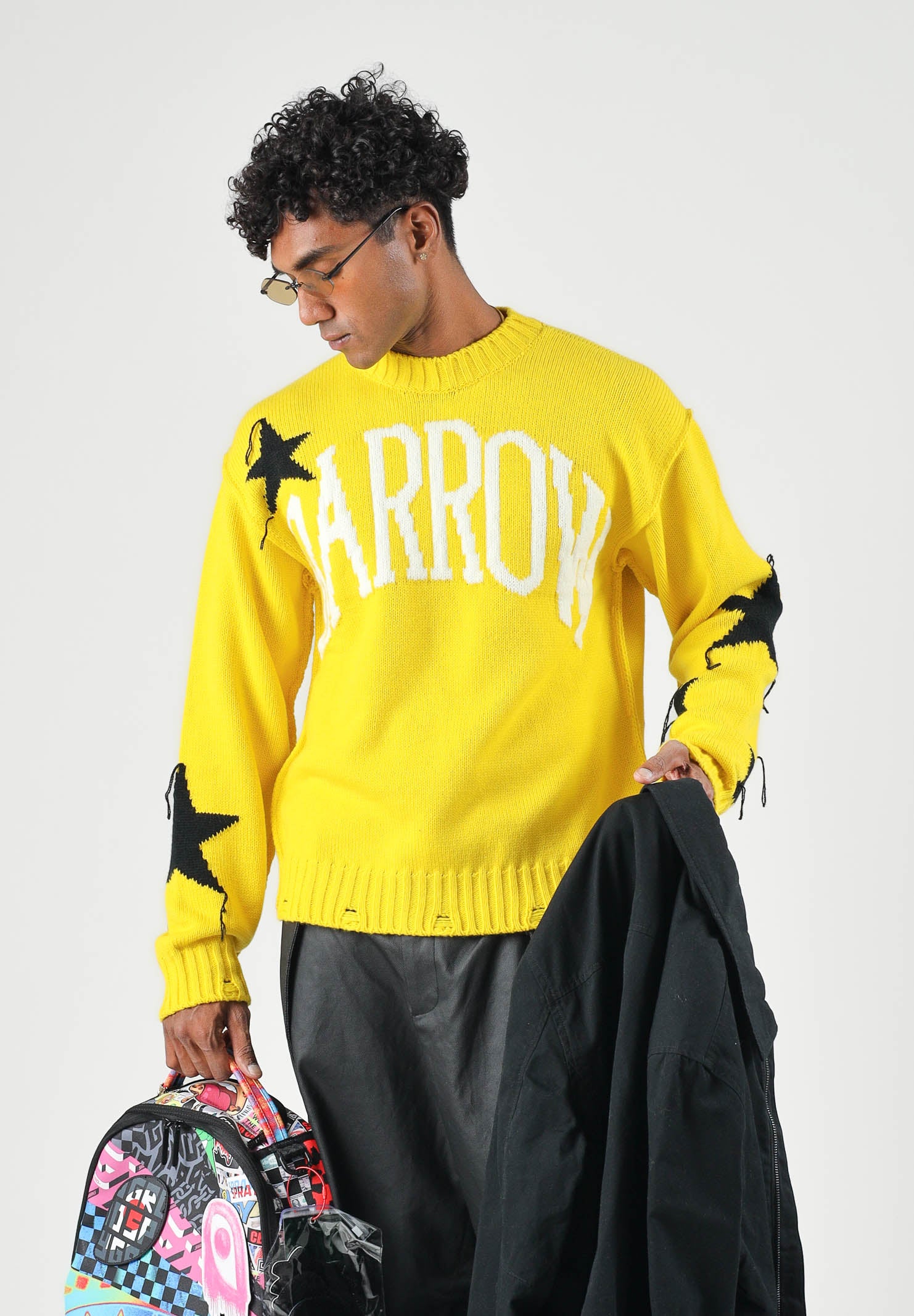 BARROW Maglione QUINCE giallo acceso con stelle nere a contrasto per uomo e donna F6BWUAJP035 1051 BARROW 