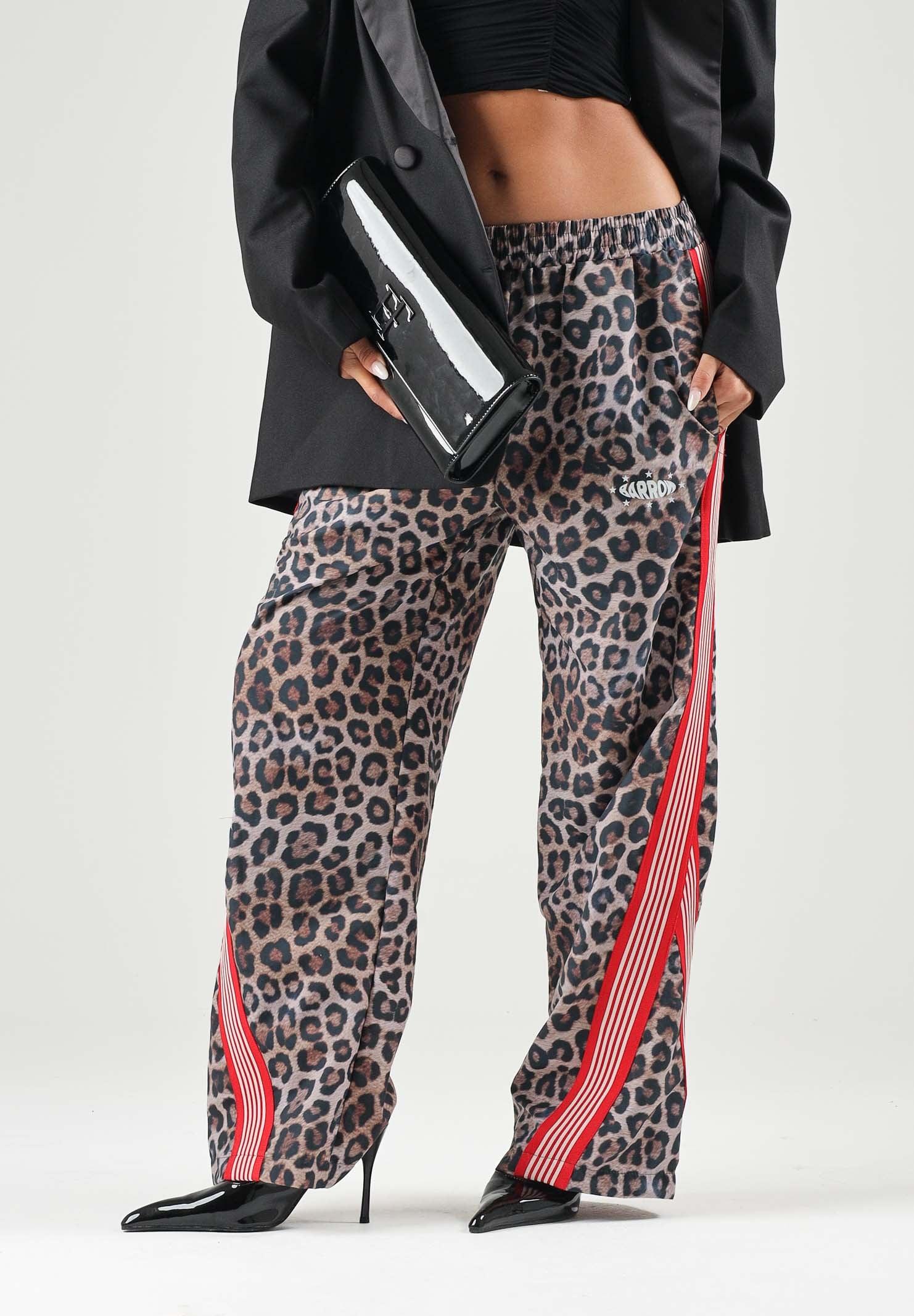 BARROW Pantaloni marrone per uomo e donna con stampa animalier leopardo e bande laterali a contrasto F6BWUAPA089 220 BARROW 