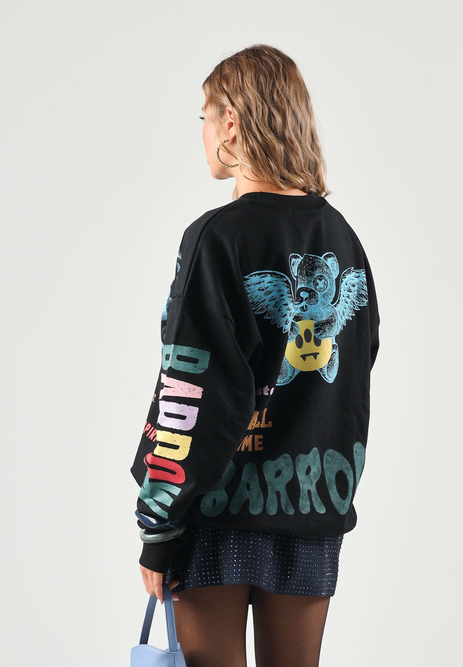 BARROW Felpa girocollo nera per uomo e donna con stampe grafiche colorate all-over. F6BWUASW073 110 BARROW 