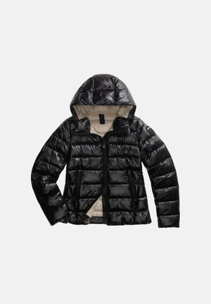 BLAUER Giubbotto CAROLL nero con interno beige chiaro da donna in nylon micro rip idrorepellente, con imbottitura sintetica Sorona® Aura, cappuccio fisso, zip frontale integrale, trapuntatura orizzontale e tasche laterali con zip.<BR/> 26WBLDC02070-006648 999EI BLAUER 