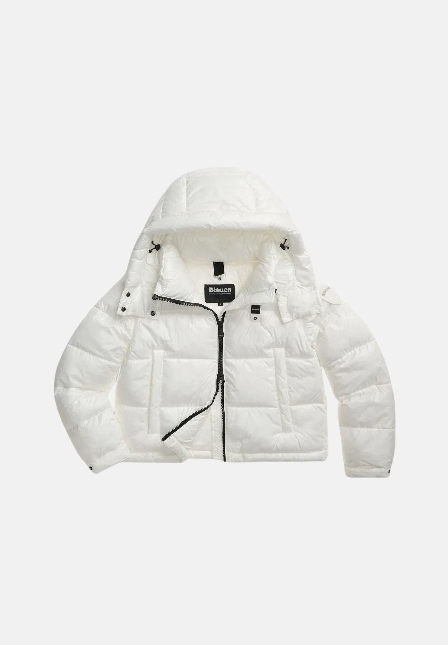 BLAUER Piumino corto GLORIA Bianco Ottico bianco da donna, in nylon idrorepellente con imbottitura sintetica Sorona® Aura, cappuccio removibile, collo alto, chiusura frontale con zip e trapuntatura orizzontale. 26WBLDC02071-006648 100BI BLAUER 