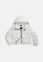 BLAUER Piumino corto GLORIA Bianco Ottico bianco da donna, in nylon idrorepellente con imbottitura sintetica Sorona® Aura, cappuccio removibile, collo alto, chiusura frontale con zip e trapuntatura orizzontale. 26WBLDC02071-006648 100BI BLAUER 