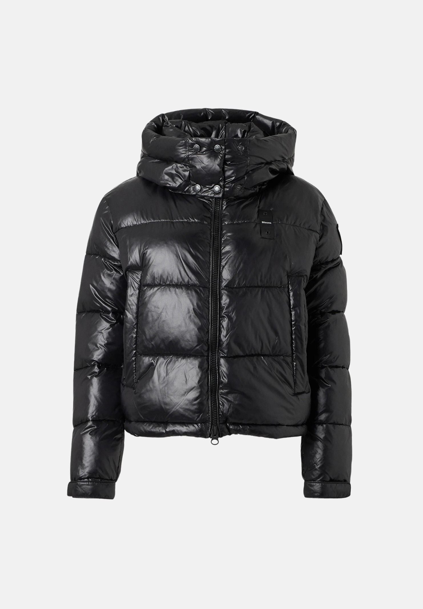 BLAUER Piumino corto GLORIA Nero interno Beige nero da donna, in nylon micro-rip idrorepellente con imbottitura sintetica Sorona® Aura, cappuccio removibile, trapuntatura orizzontale, chiusura frontale con zip e fodera beige a contrasto. 26WBLDC02071-006648 999EI BLAUER 