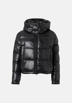 BLAUER Piumino corto GLORIA Nero interno Beige nero da donna, in nylon micro-rip idrorepellente con imbottitura sintetica Sorona® Aura, cappuccio removibile, trapuntatura orizzontale, chiusura frontale con zip e fodera beige a contrasto. 26WBLDC02071-006648 999EI BLAUER 