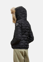 BLAUER Piumino ALDIE nero con interno beige chiaro da donna in nylon lucido, con imbottitura naturale in piuma d'anatra, cappuccio fisso bordato in vera pelliccia removibile, zip frontale integrale, trapuntatura ondulata e tasche laterali con zip.BLA 26WBLDC03034-006047 999EI BLAUER 