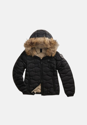 BLAUER Piumino ALDIE nero con interno beige chiaro da donna in nylon lucido, con imbottitura naturale in piuma d'anatra, cappuccio fisso bordato in vera pelliccia removibile, zip frontale integrale, trapuntatura ondulata e tasche laterali con zip.BLA 26WBLDC03034-006047 999EI BLAUER 