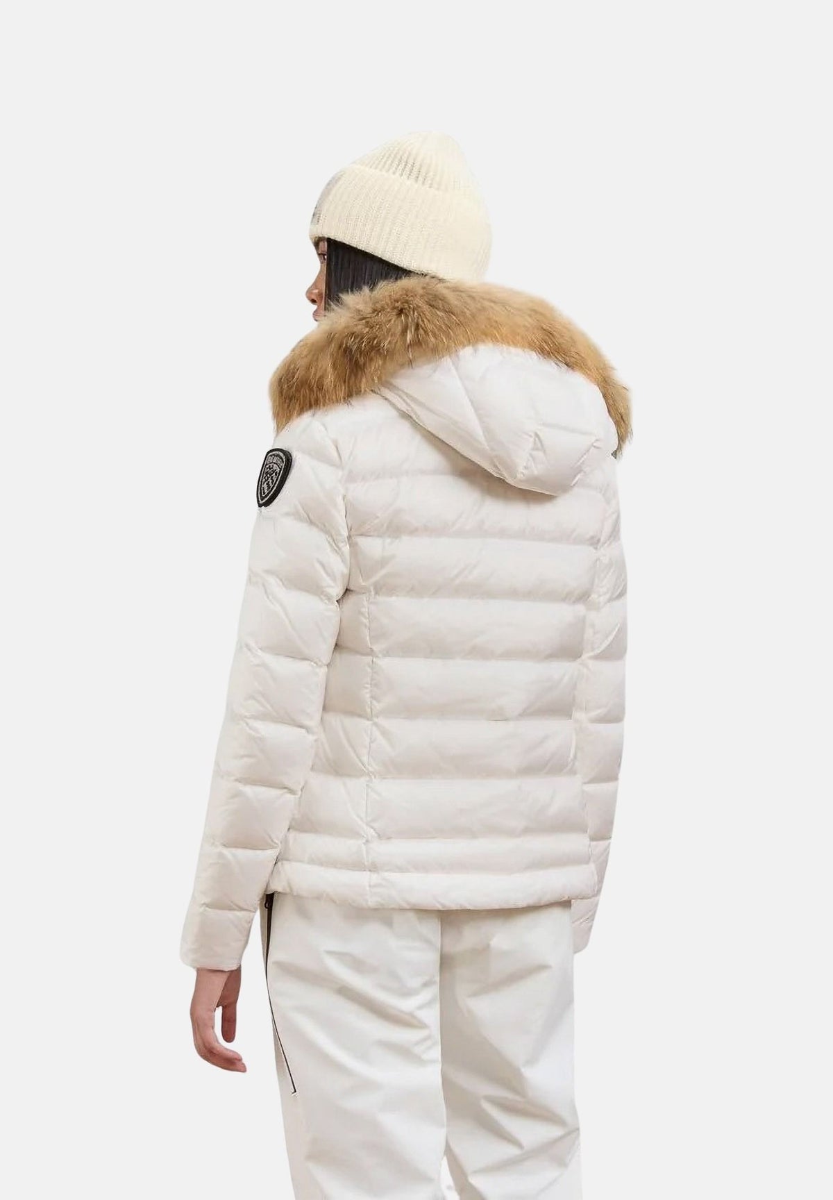 BLAUER Piumino corto ARCADIA Bianco Ottico bianco da donna, in nylon lucido con imbottitura in vera piuma d'anatra, cappuccio fisso con bordo in vera pelliccia removibile, trapuntatura orizzontale e chiusura frontale con zip. 26WBLDC03038-006047 100BI BLAUER 