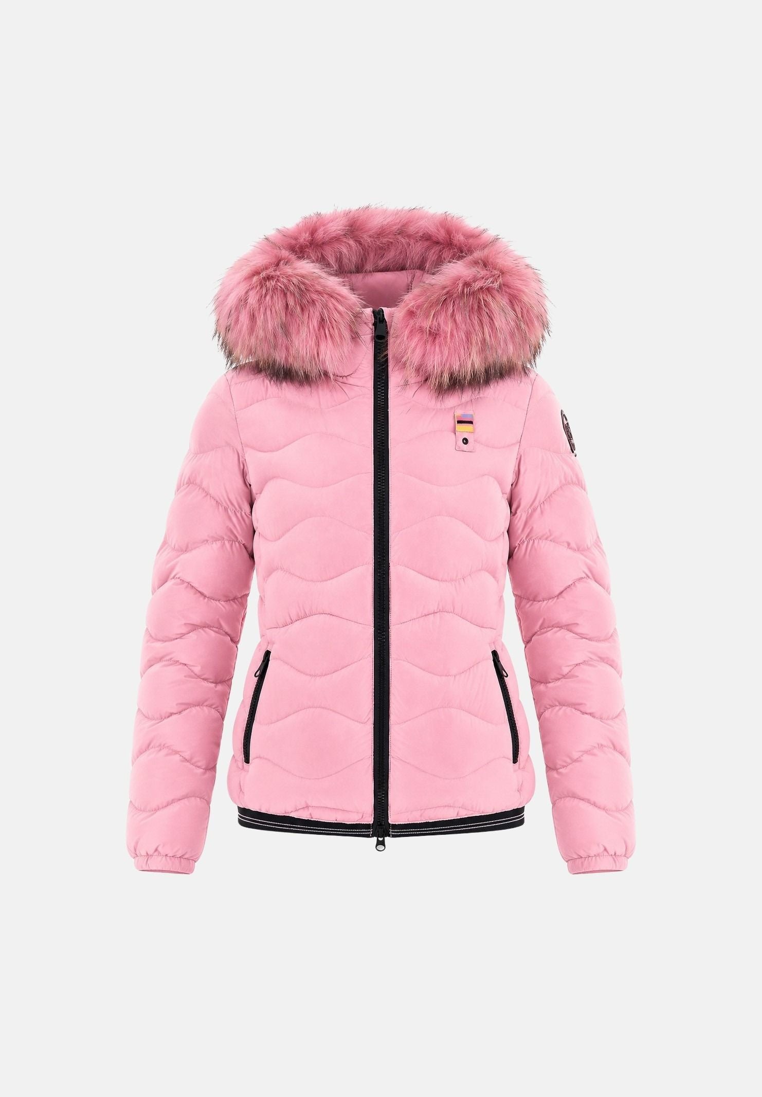 BLAUER Piumino ALDIE COLORS DOWN Pink 412 rosa confetto chiaro da donna in nylon con imbottitura naturale colorata in piuma d'anatra, cappuccio fisso con bordo in vera pelliccia removibile, zip frontale integrale, trapuntatura ondulata, tasche latera 26WBLDC03188-007783 412 BLAUER 