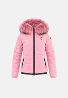 BLAUER Piumino ALDIE COLORS DOWN Pink 412 rosa confetto chiaro da donna in nylon con imbottitura naturale colorata in piuma d'anatra, cappuccio fisso con bordo in vera pelliccia removibile, zip frontale integrale, trapuntatura ondulata, tasche latera 26WBLDC03188-007783 412 BLAUER 