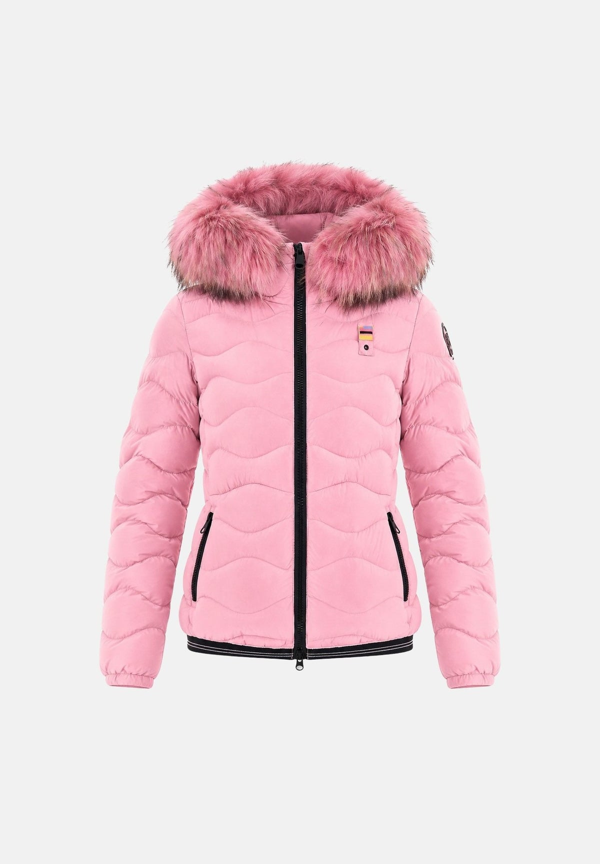 BLAUER Piumino ALDIE COLORS DOWN Pink 412 rosa confetto chiaro da donna in nylon con imbottitura naturale colorata in piuma d'anatra, cappuccio fisso con bordo in vera pelliccia removibile, zip frontale integrale, trapuntatura ondulata, tasche latera 26WBLDC03188-007783 412 BLAUER 