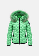 BLAUER Piumino corto ALDIE COLORS DOWN Veleno Verde verde acceso da donna, in nylon con imbottitura in vera piuma d'anatra colorata, cappuccio fisso con bordo in vera pelliccia naturale removibile, trapuntatura a onde orizzontali e chiusura frontale  26WBLDC03188-007783 733 BLAUER 