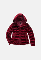 BLAUER Piumino VELLY Brown Mahogany marrone mogano con sfumature bordeaux da donna in velluto lucido iridescente, con imbottitura naturale in piuma d'anatra, cappuccio fisso, zip frontale integrale, trapuntatura orizzontale e tasche laterali con zip. 26WBLDC03363-007696 592 BLAUER 