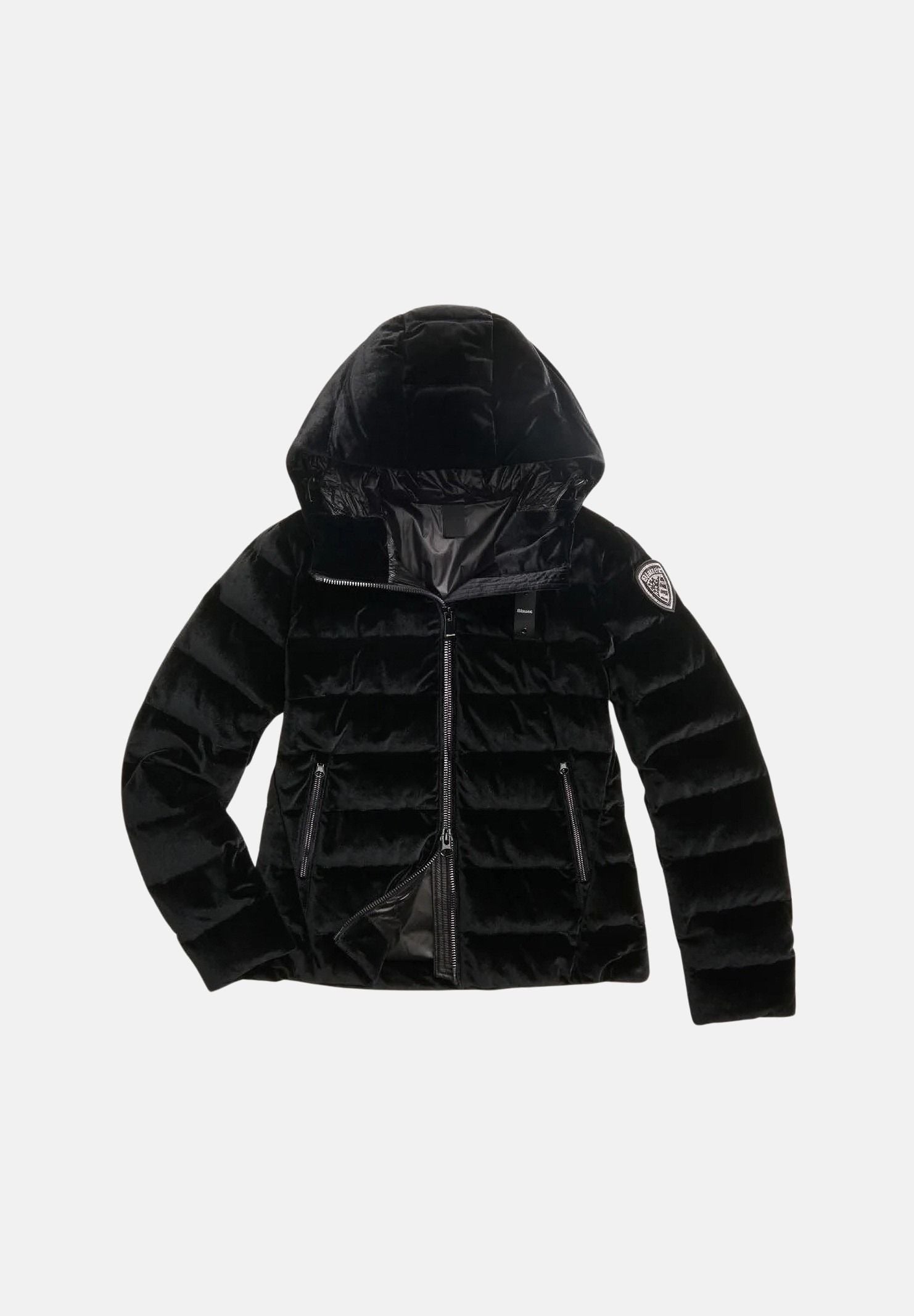 BLAUER Piumino corto VELLY Nero nero da donna, in velluto lucido con riflessi iridescenti, imbottitura in vera piuma d'anatra, cappuccio fisso, trapuntatura orizzontale e chiusura frontale con zip. 26WBLDC03363-007696 999 BLAUER 