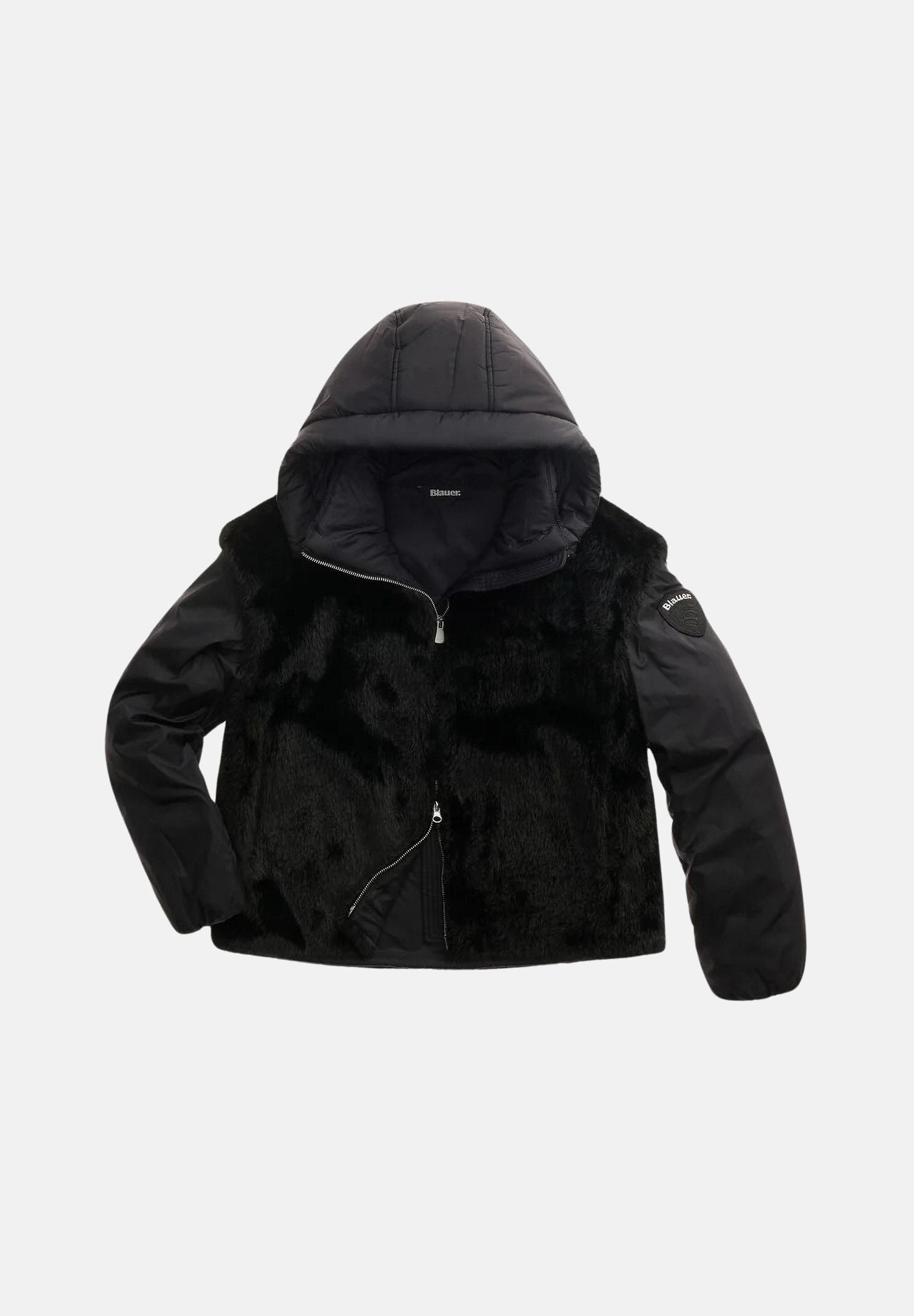 BLAUER Giubbotto JUNIPER Black nero da donna in ecopelliccia sintetica e nylon imbottito, con maniche removibili, trasformabile in gilet, cappuccio fisso regolabile, collo alto, zip frontale integrale, tasche anteriori e fondo regolabile con coulisse 26WBLDC04339-007702 999 BLAUER 