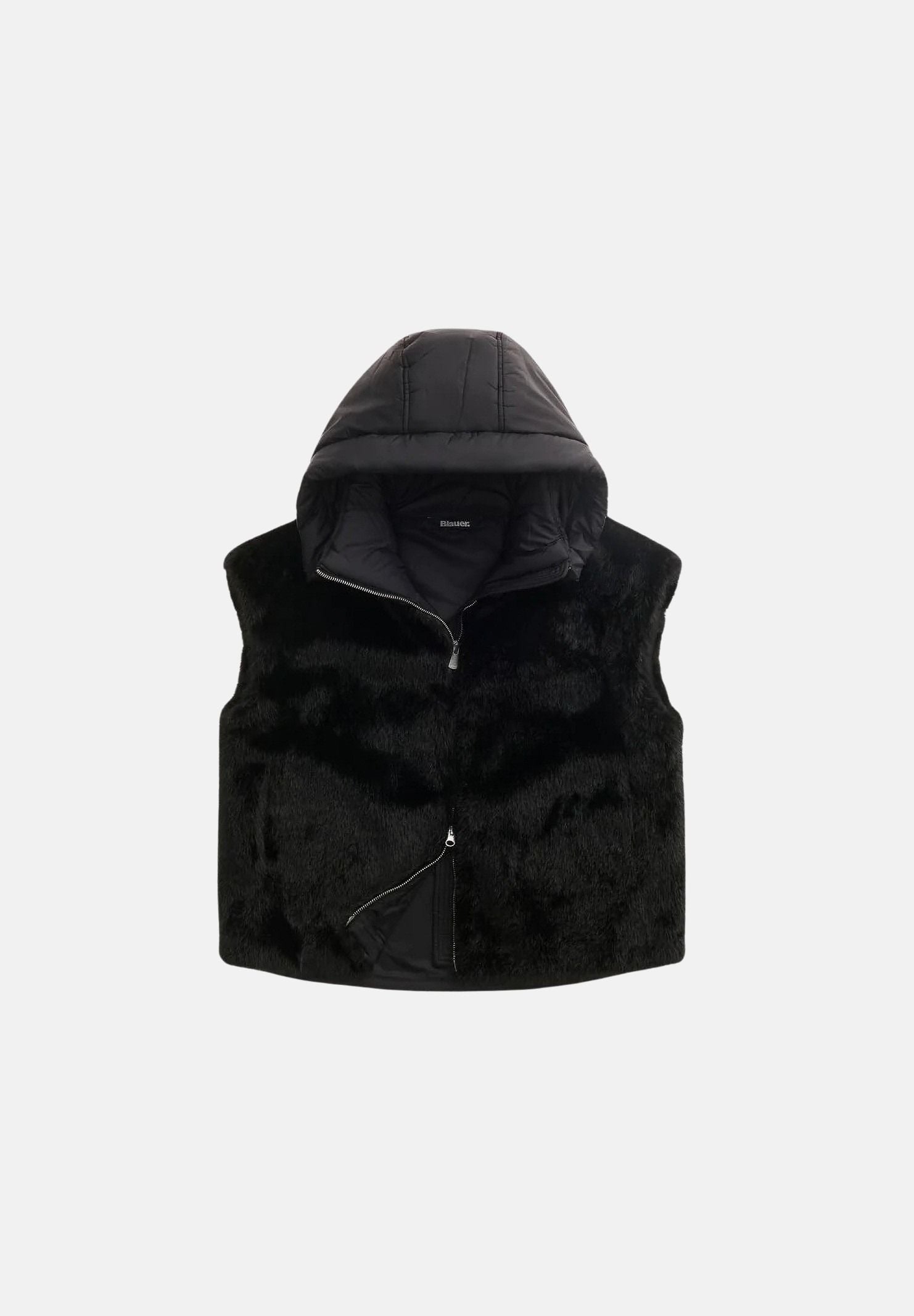 BLAUER Giubbotto JUNIPER Black nero da donna in ecopelliccia sintetica e nylon imbottito, con maniche removibili, trasformabile in gilet, cappuccio fisso regolabile, collo alto, zip frontale integrale, tasche anteriori e fondo regolabile con coulisse 26WBLDC04339-007702 999 BLAUER 