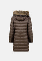 BLAUER Piumino lungo KRISTIN Brown 30B Int. Beige 301 marrone scuro con interno beige chiaro da donna in nylon lucido, con imbottitura naturale in piuma d'anatra, cappuccio fisso con bordo in vera pelliccia di procione removibile, chiusura frontale c 26WBLDK03040-006047 30BEI BLAUER 