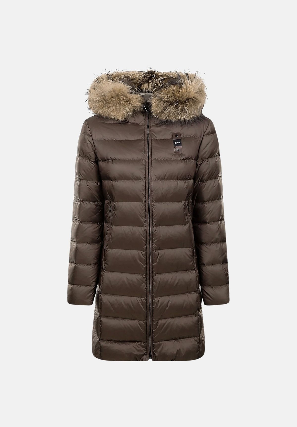 BLAUER Piumino lungo KRISTIN Brown 30B Int. Beige 301 marrone scuro con interno beige chiaro da donna in nylon lucido, con imbottitura naturale in piuma d'anatra, cappuccio fisso con bordo in vera pelliccia di procione removibile, chiusura frontale c 26WBLDK03040-006047 30BEI BLAUER 