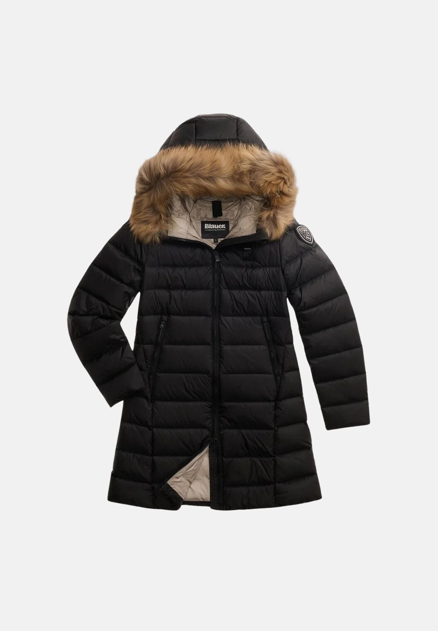BLAUER Piumino lungo KRISTIN nero da donna, nylon lucido, interno beige, imbottitura in piuma, cappuccio con pelliccia removibile con zip frontale e  tasche con zip. 26WBLDK03040-006047 999EI BLAUER 