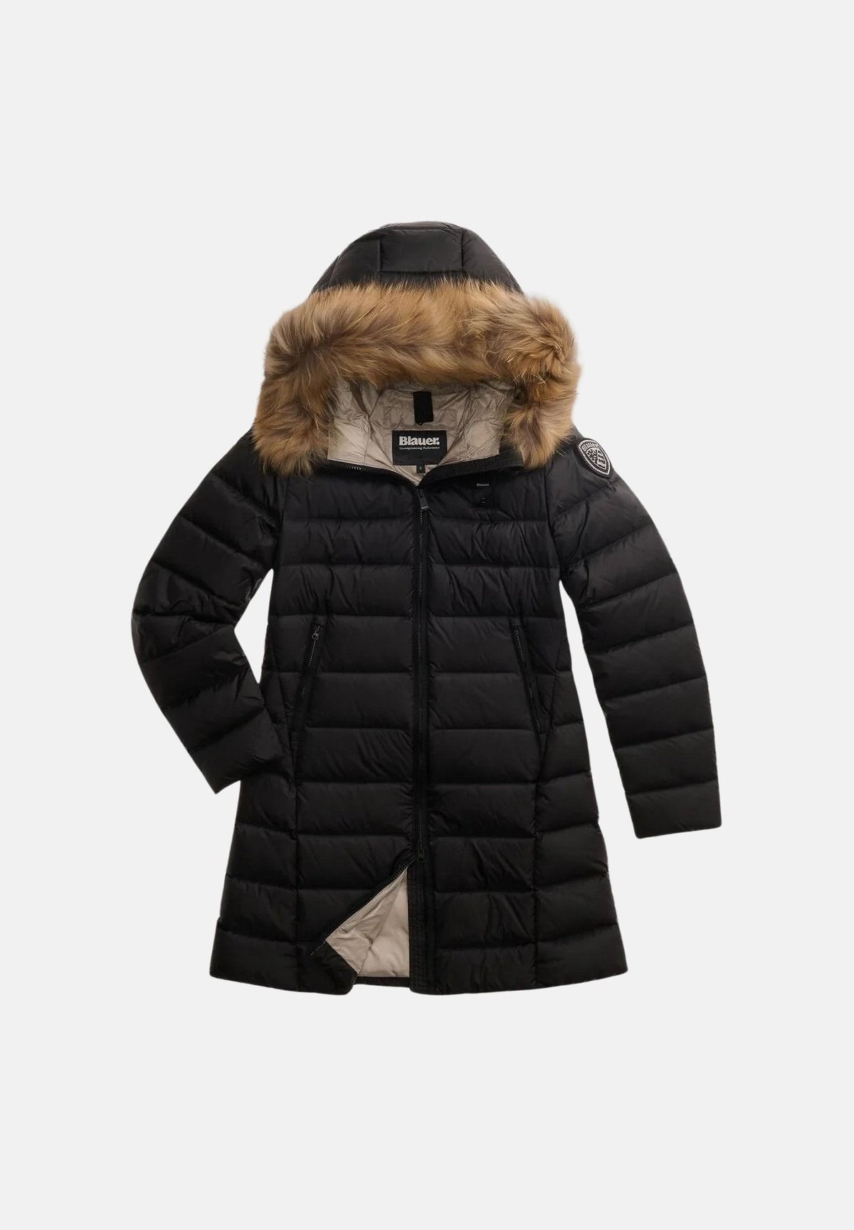 BLAUER Piumino lungo KRISTIN Black Inside Beige nero con interno beige chiaro da donna in nylon lucido, con imbottitura naturale in piuma d'anatra, cappuccio fisso bordato in vera pelliccia di procione removibile, zip frontale integrale nascosta, tra 26WBLDK03040-006047 999EI BLAUER 