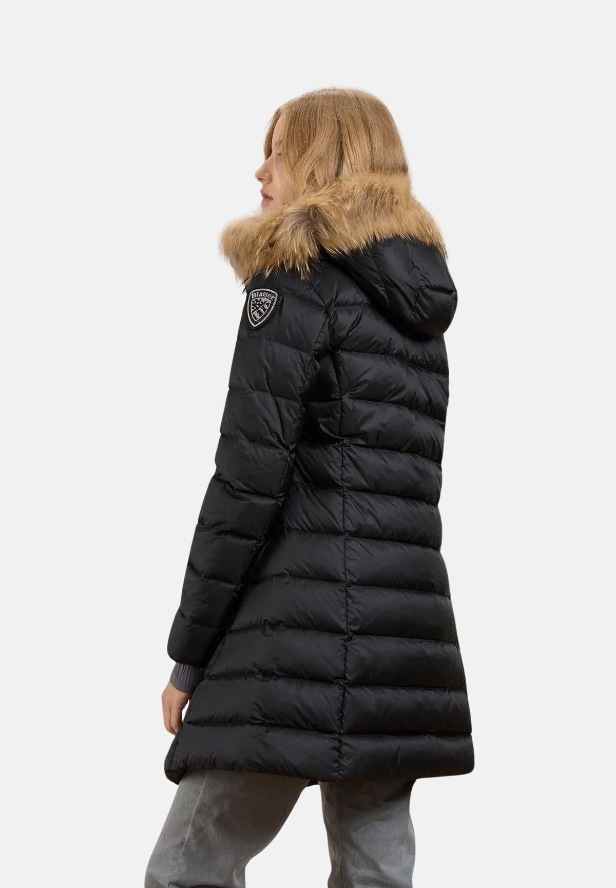 BLAUER Piumino lungo KRISTIN Black Inside Beige nero con interno beige chiaro da donna in nylon lucido, con imbottitura naturale in piuma d'anatra, cappuccio fisso bordato in vera pelliccia di procione removibile, zip frontale integrale nascosta, tra 26WBLDK03040-006047 999EI BLAUER 