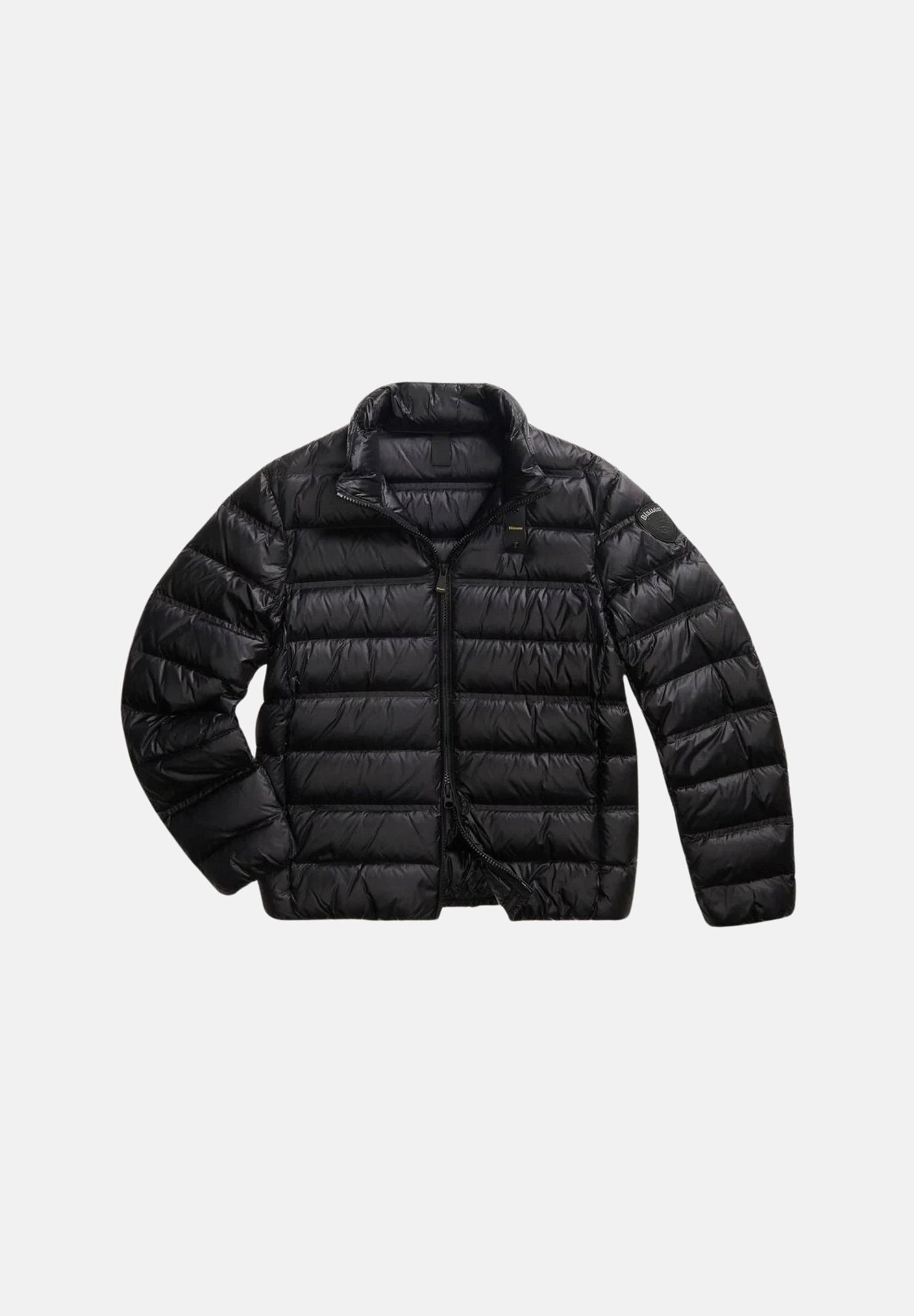 BLAUER Piumino corto BELMONT Nero nero da uomo, in nylon lucido con imbottitura in vera piuma d'anatra, collo alla coreana, trapuntatura orizzontale a righe singole e doppie e chiusura frontale con zip. 26WBLUC03047-006719 999 BLAUER 