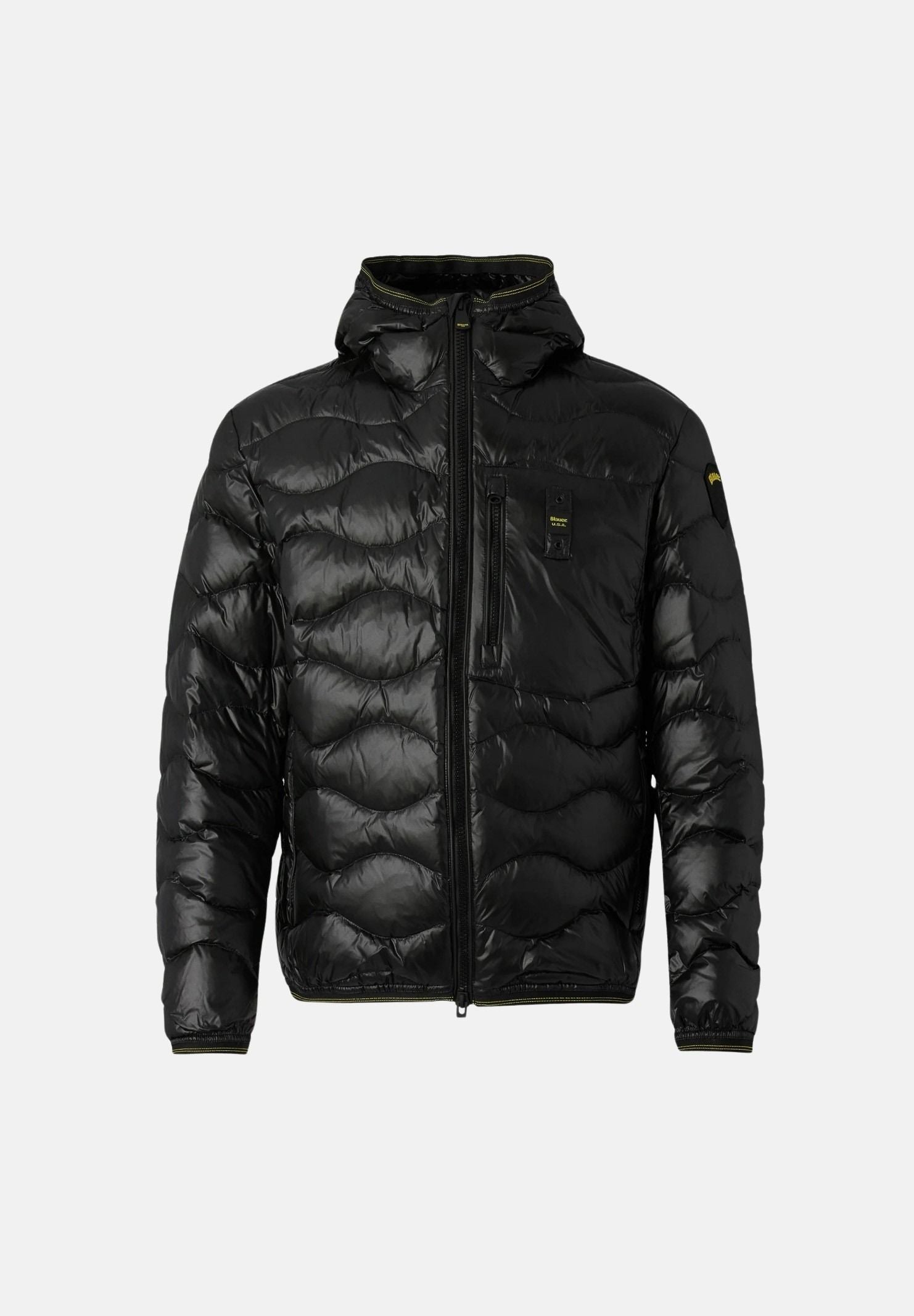 BLAUER Piumino WAVE Nero nero intenso da uomo in nylon lucido micro rip idrorepellente, con imbottitura naturale in piumino d'anatra, cappuccio fisso, zip frontale integrale, trapuntatura orizzontale a onde, tasche laterali con zip e taschino sul pet 26WBLUC03064-006355 999 BLAUER 