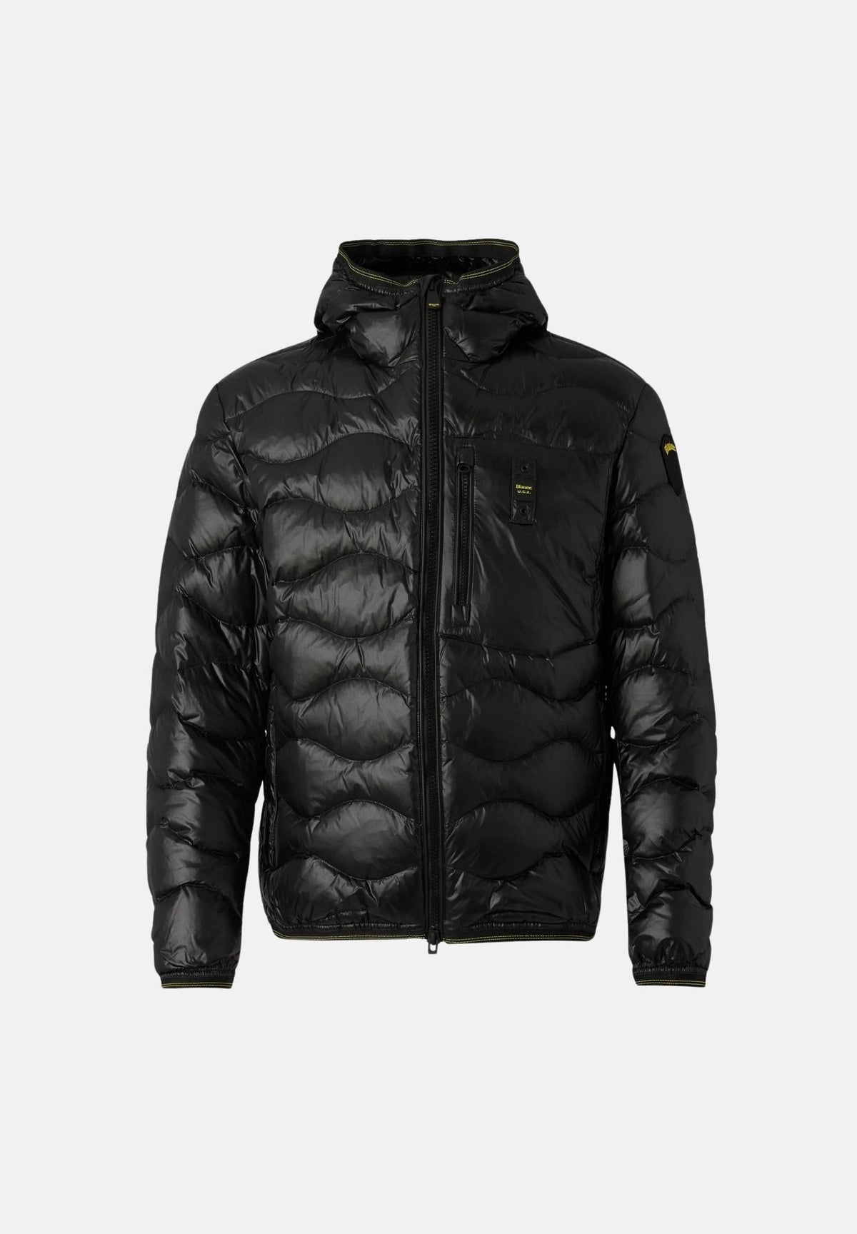 BLAUER Piumino WAVE Nero nero intenso da uomo in nylon lucido micro rip idrorepellente, con imbottitura naturale in piumino d'anatra, cappuccio fisso, zip frontale integrale, trapuntatura orizzontale a onde, tasche laterali con zip e taschino sul pet 26WBLUC03064-006355 999 BLAUER 