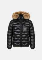 BLAUER Piumino WAVEFUR Nero nero intenso da uomo in nylon lucido con imbottitura naturale in piumino d'anatra, trapuntatura orizzontale a onde, cappuccio fisso con bordo in pelliccia, chiusura frontale con zip integrale, tasche laterali con zip e tas 26WBLUC03065-006355 999 BLAUER 