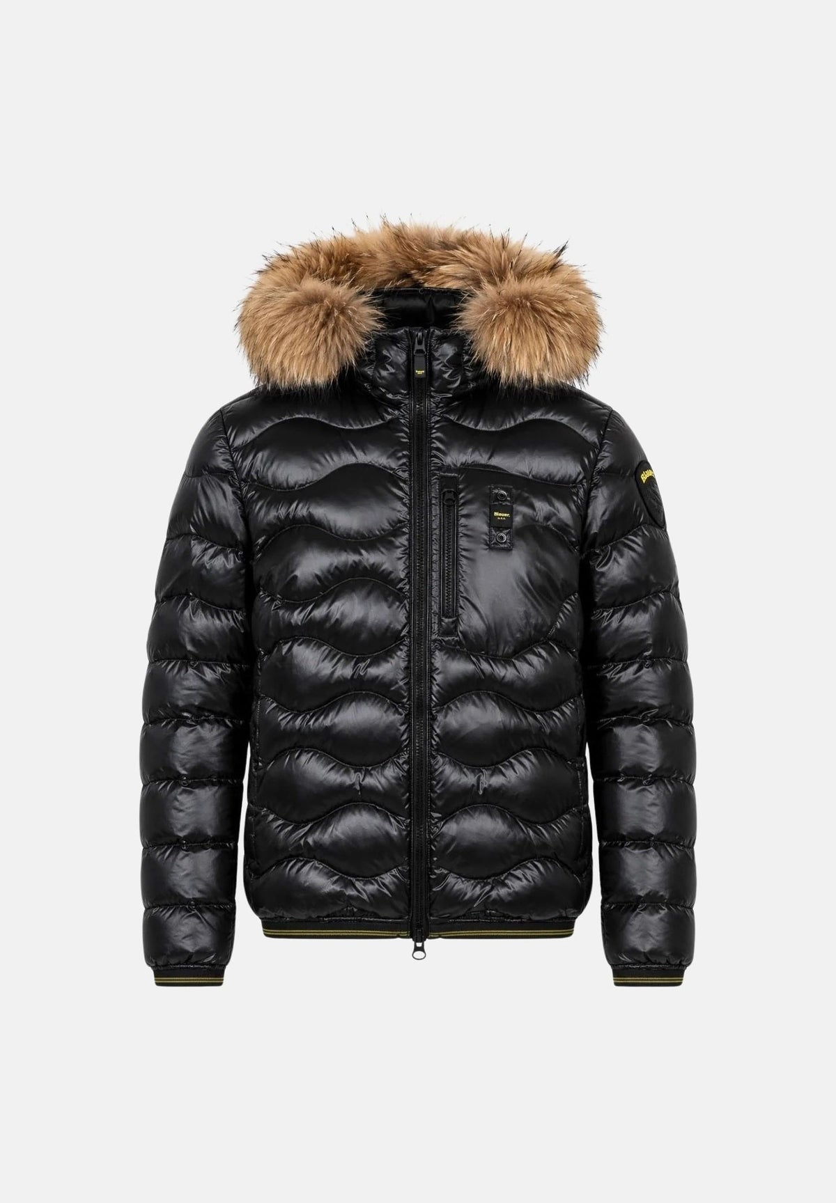 BLAUER Piumino WAVEFUR Nero nero intenso da uomo in nylon lucido con imbottitura naturale in piumino d'anatra, trapuntatura orizzontale a onde, cappuccio fisso con bordo in pelliccia, chiusura frontale con zip integrale, tasche laterali con zip e tas 26WBLUC03065-006355 999 BLAUER 