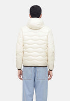 BLAUER Giubbotto ALBERT Bianco Neve bianco da uomo in nylon lucido trapuntato con maniche in neoprene leggero, imbottitura mista in piumino naturale e poliestere, cappuccio fisso, chiusura frontale con zip integrale nera a contrasto, trapuntatura ond 26WBLUC08068-006355 102 BLAUER 