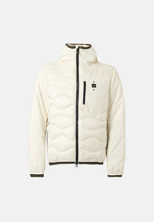 BLAUER Giubbotto ALBERT Bianco Neve bianco da uomo in nylon lucido trapuntato con maniche in neoprene leggero, imbottitura mista in piumino naturale e poliestere, cappuccio fisso, chiusura frontale con zip integrale nera a contrasto, trapuntatura ond 26WBLUC08068-006355 102 BLAUER 
