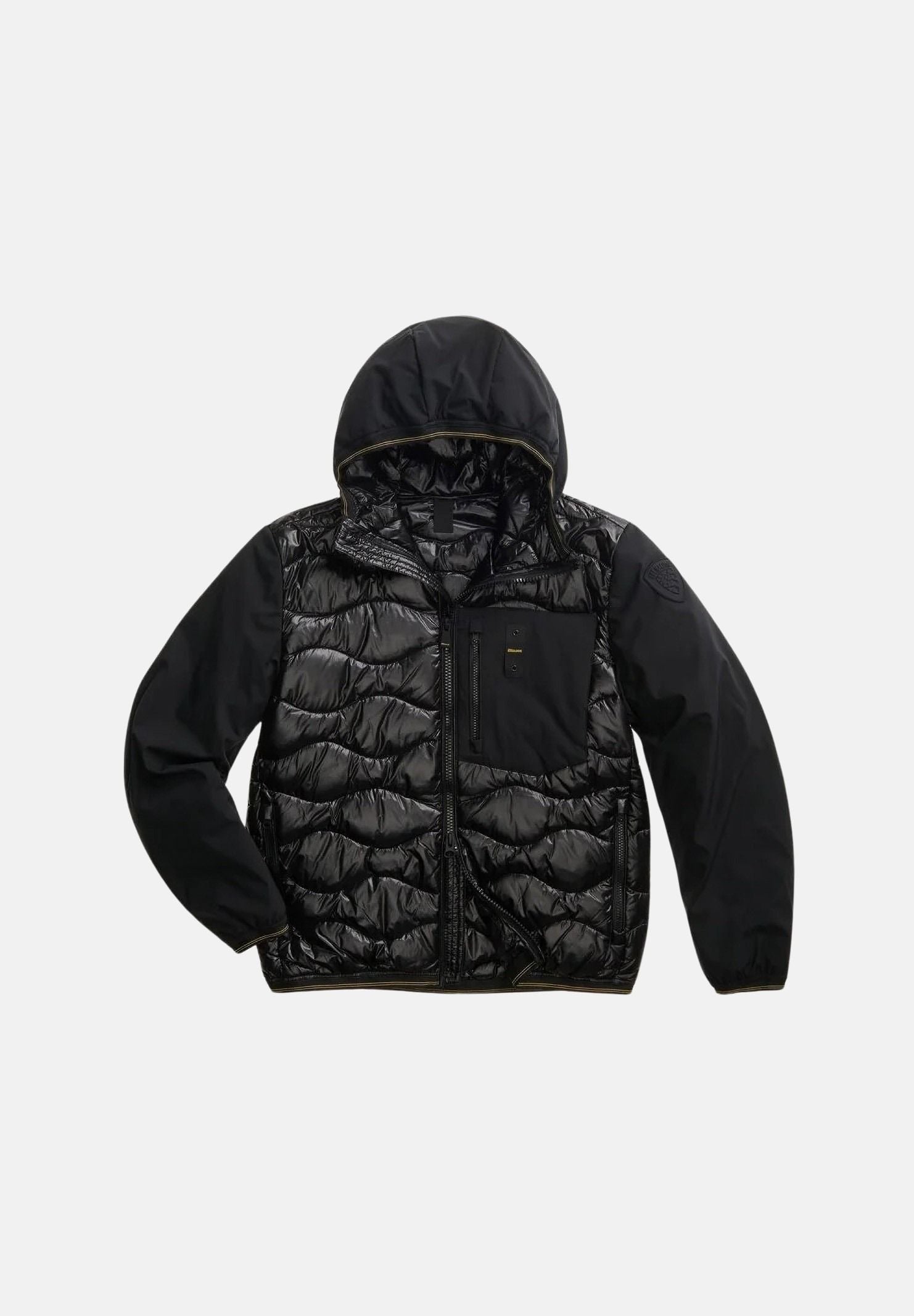 BLAUER Giubbotto ALBERT Black nero da uomo in nylon lucido trapuntato con maniche in neoprene leggero, imbottitura mista in piumino naturale e poliestere, cappuccio fisso, zip frontale integrale, trapuntatura ondulata, tasche laterali con zip e tasch 26WBLUC08068-006355 999 BLAUER 