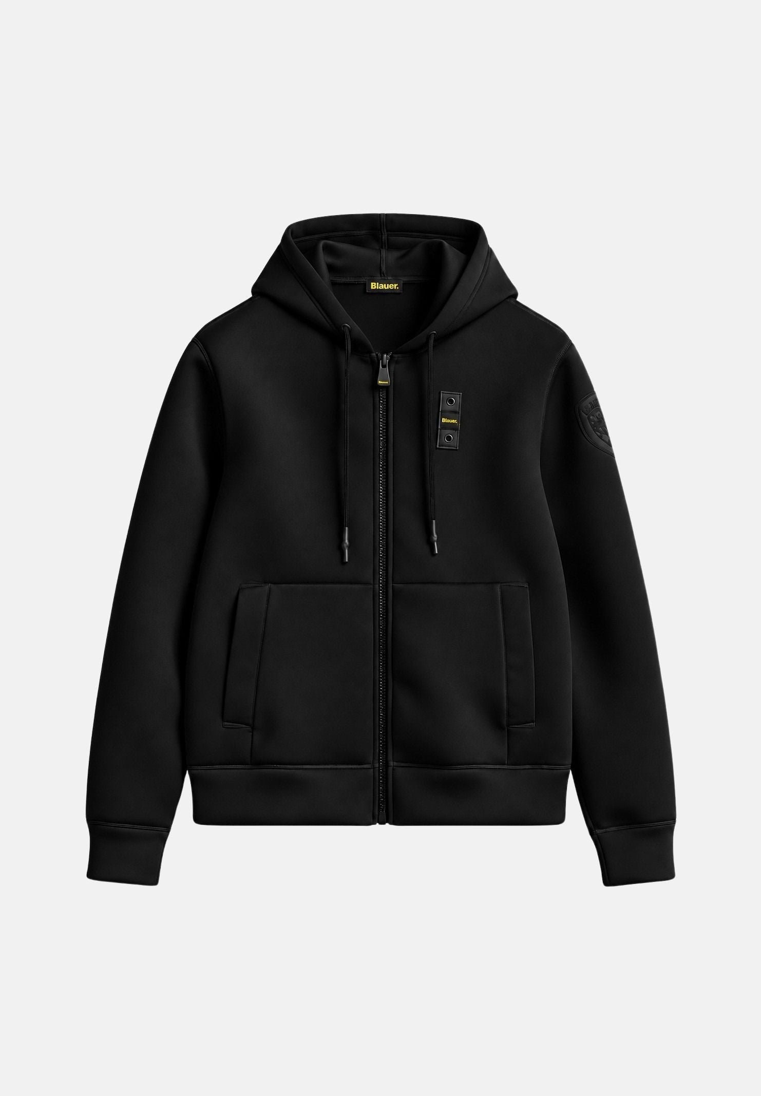 BLAUER Felpa con zip COLBY Nero nera da uomo in tessuto scuba leggermente elasticizzato, con cappuccio regolabile mediante coulisse, zip frontale integrale, maniche lunghe, tasche anteriori aperte, polsini e fondo a costine e patch logato sulla manic 26WBLUF02394-007707 999 BLAUER 