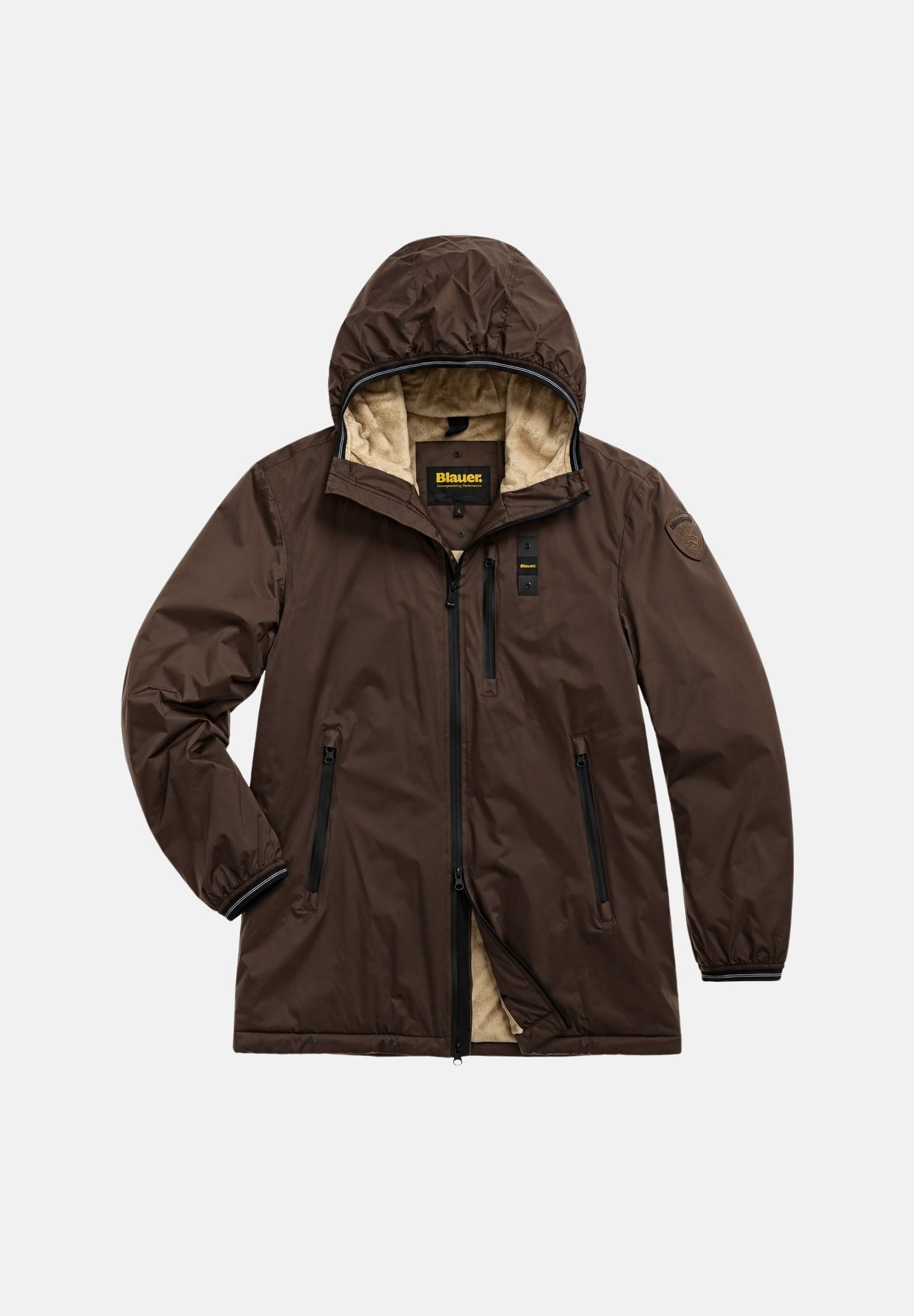 BLAUER Giubbotti  JARVIS Brown 30B marrone cappuccio fisso, chiusura frontale con zip integrale, tasche laterali con zip, taschino sul petto e lunghezza estesa. 26WBLUK11057-007110 30B BLAUER 