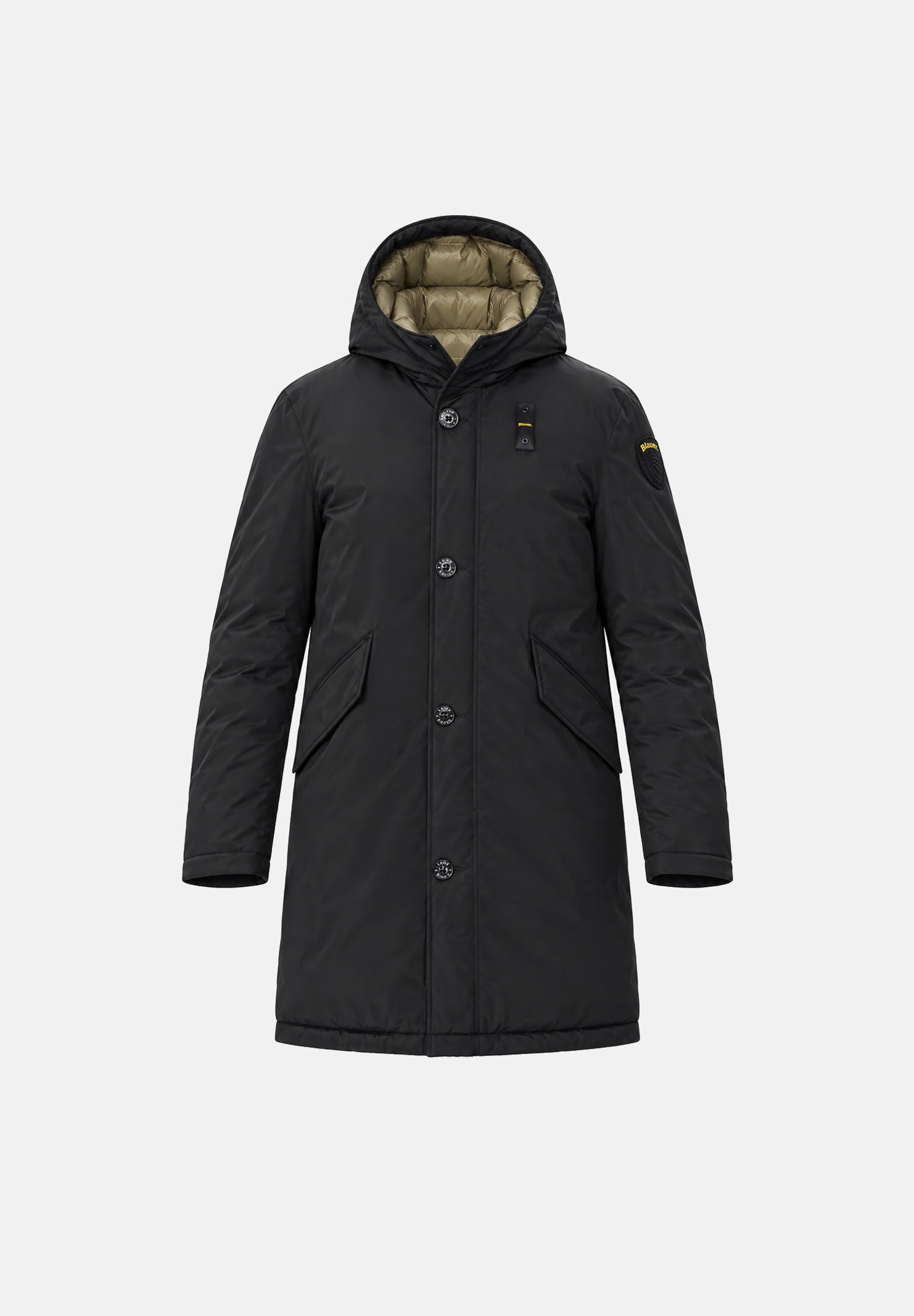 BLAUER Parka FAYWOOD Nero Int. Fango nero da uomo con interno beige fango a contrasto, in nylon doppio strato leggermente elasticizzato, imbottitura sintetica Repreve®, cappuccio fisso, chiusura frontale con zip e bottoni a pressione, tasche anterio 26WBLUK11310-007110 999FA BLAUER 