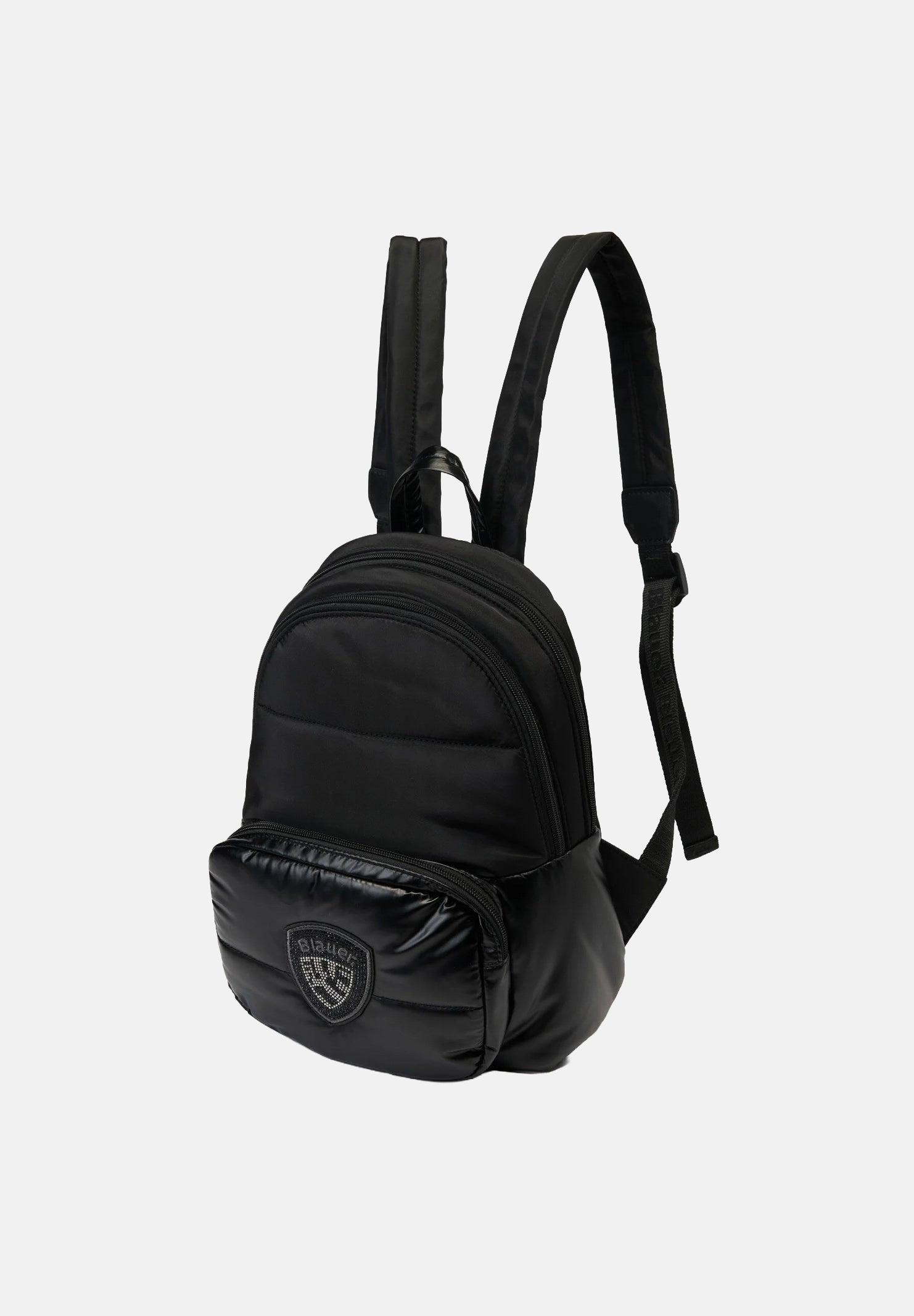 BLAUER Zaino F6WAVE04/PAD Black nero da donna, in tessuto satinato e imbottito effetto piumino, con tasca frontale con zip, scudetto decorato con strass e spallacci regolabili. F6WAVE04PAD BLK BLAUER 