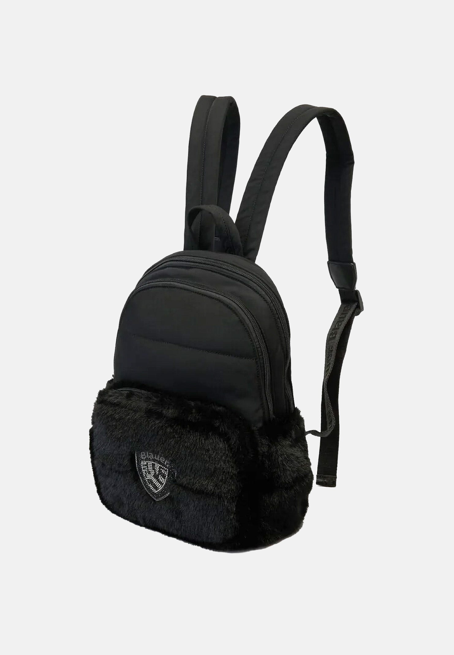 BLAUER Zaino nero da donna con inserti in faux-fur, logo scudo strass e parte superiore in tessuto tecnico liscio F6WAVE05PAD BLK BLAUER 