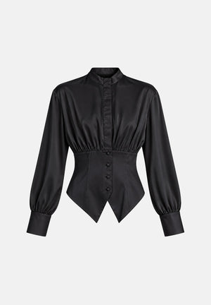 BOHEMIAN VI Camicia NEW ARTEMIS Black nera da donna, con parte superiore effetto velato, maniche lunghe, vita sagomata effetto bustier in tessuto camicia e fondo a doppia punta. BHCA004FW BL BOHEMIAN VI 
