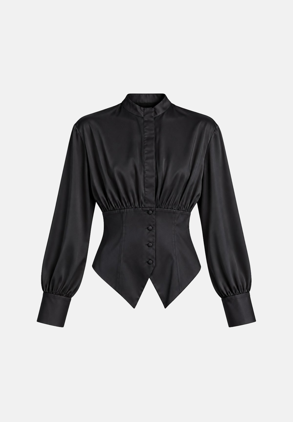 BOHEMIAN VI Camicia NEW ARTEMIS Black nera da donna, con parte superiore effetto velato, maniche lunghe, vita sagomata effetto bustier in tessuto camicia e fondo a doppia punta. BHCA004FW BL BOHEMIAN VI 