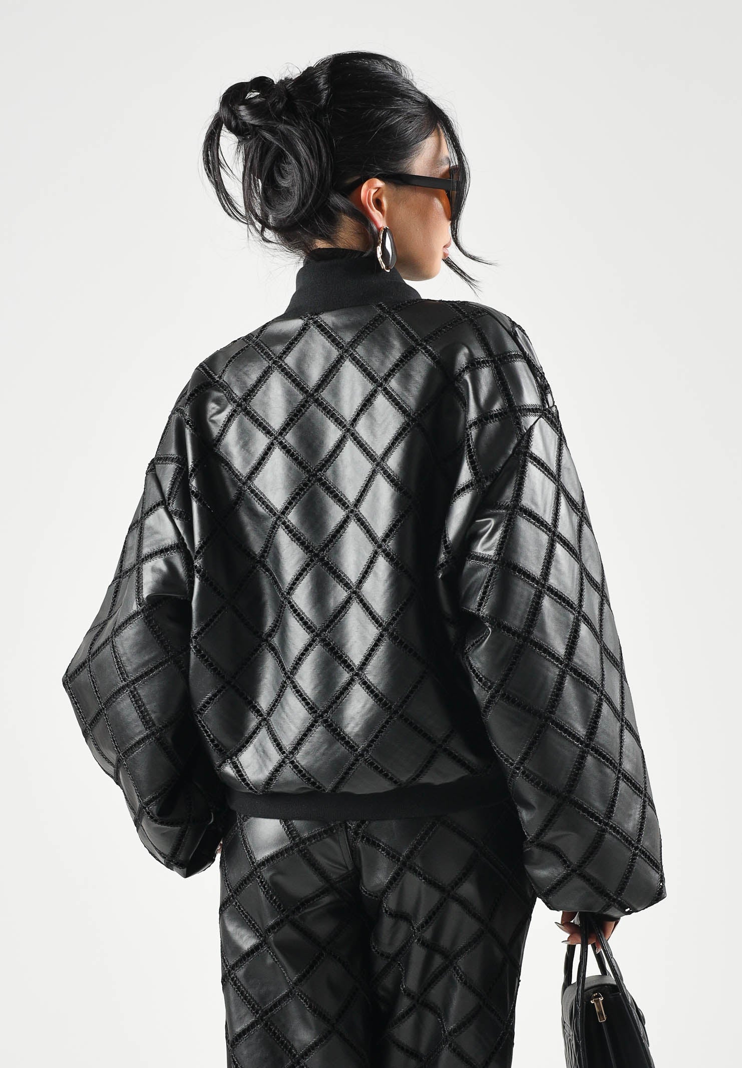 BOHEMIAN VI Giubbotto bomber trapuntato a rombi nero da donna effetto pelle BHGB001 UN BOHEMIAN VI 