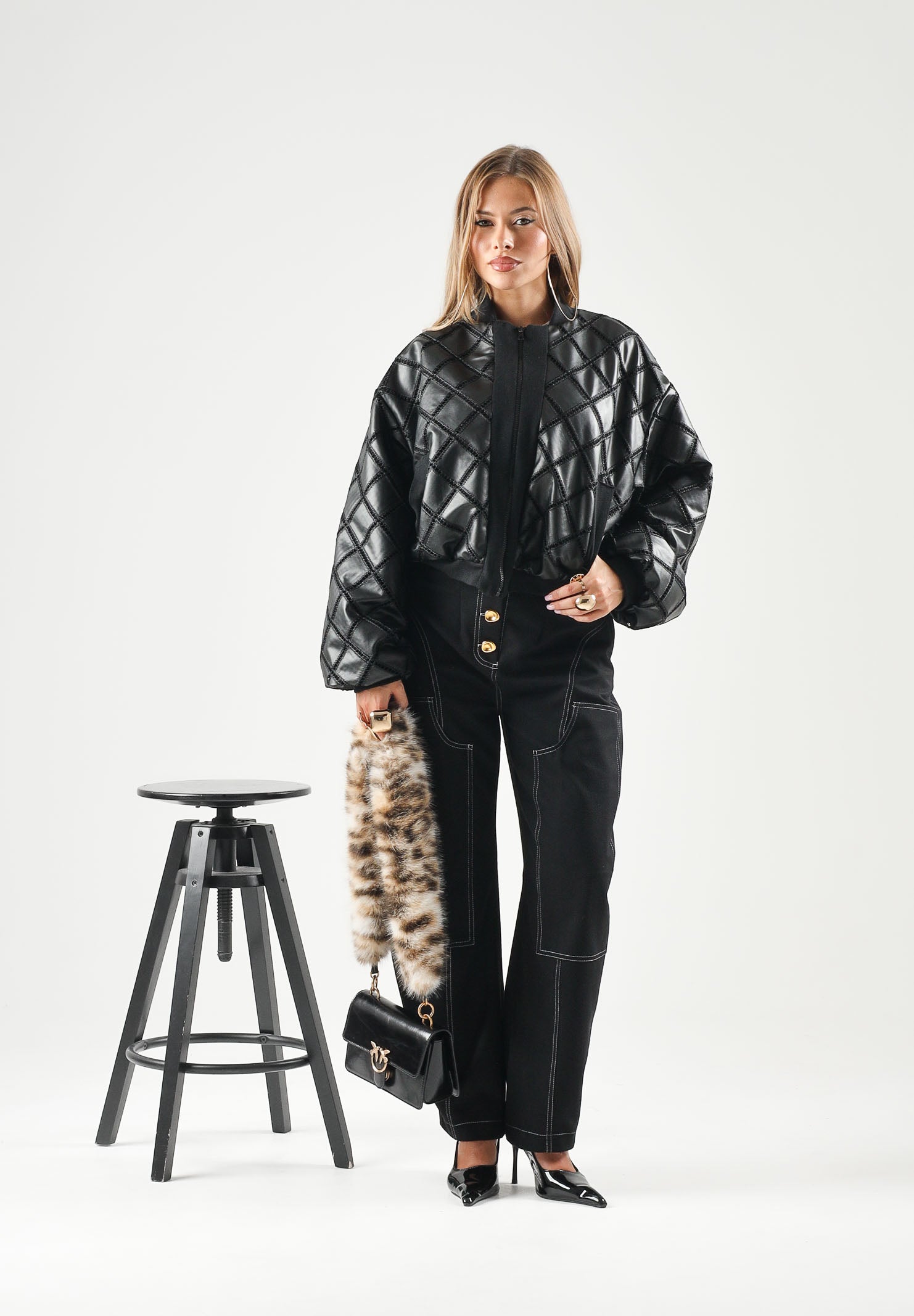 BOHEMIAN VI Giubbotto bomber trapuntato a rombi nero da donna effetto pelle BHGB001 UN BOHEMIAN VI 