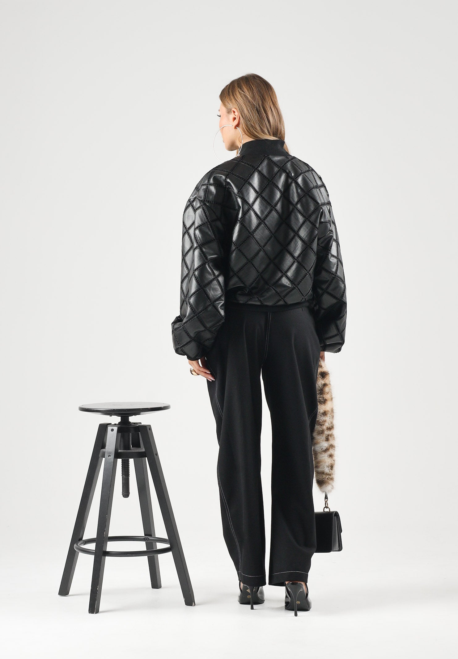 BOHEMIAN VI Giubbotto bomber trapuntato a rombi nero da donna effetto pelle BHGB001 UN BOHEMIAN VI 