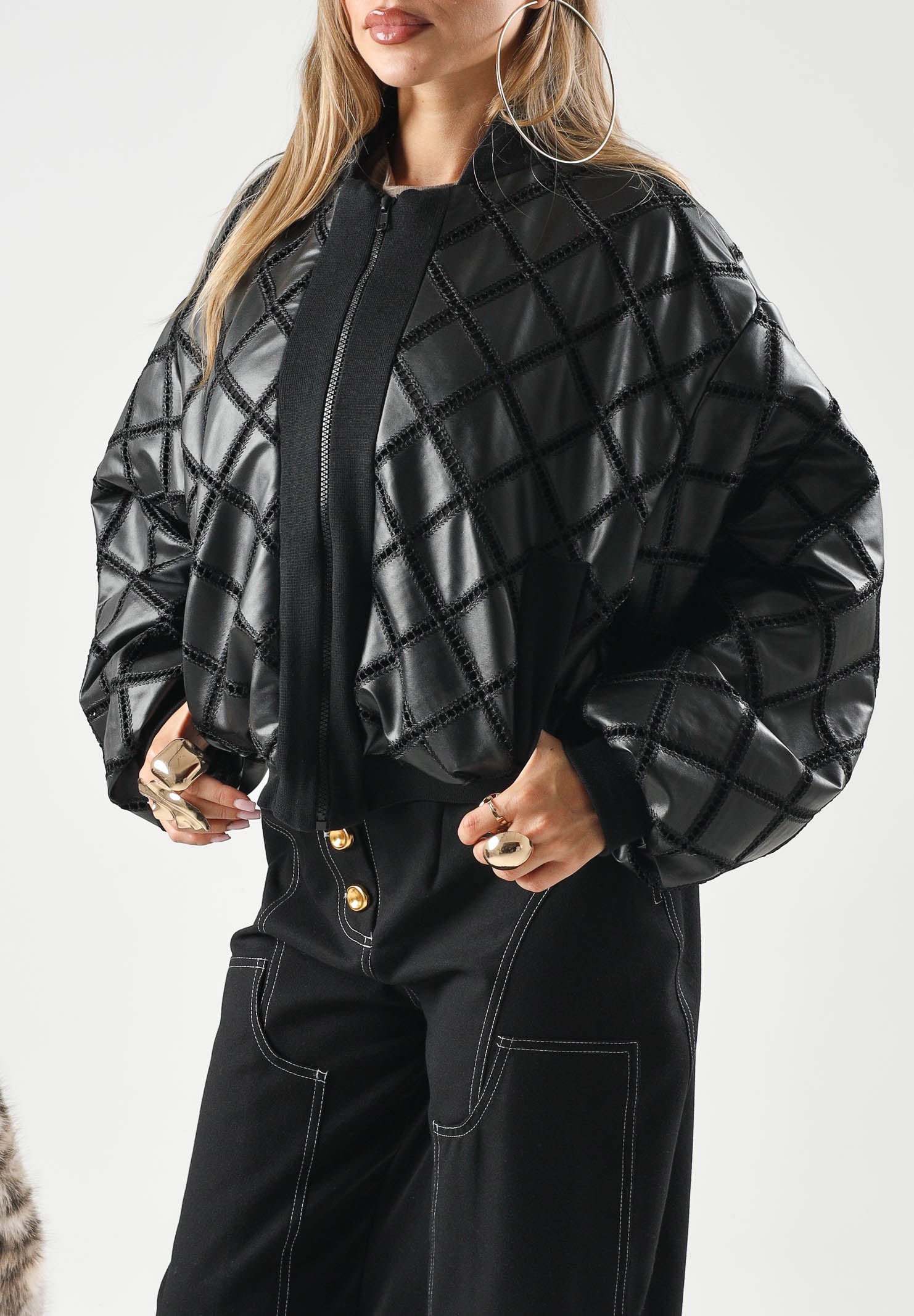 BOHEMIAN VI Giubbotto bomber trapuntato a rombi nero da donna effetto pelle BHGB001 UN BOHEMIAN VI 