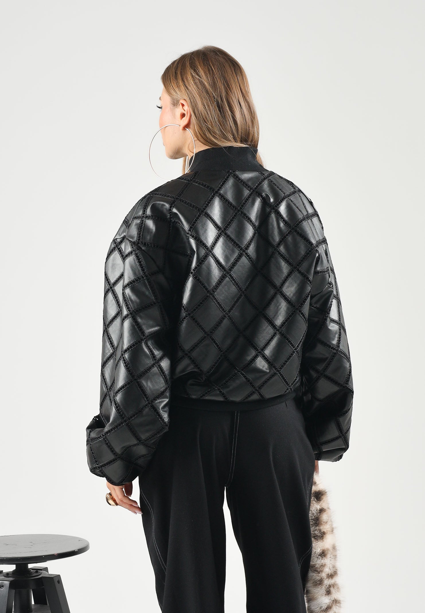 BOHEMIAN VI Giubbotto bomber trapuntato a rombi nero da donna effetto pelle BHGB001 UN BOHEMIAN VI 