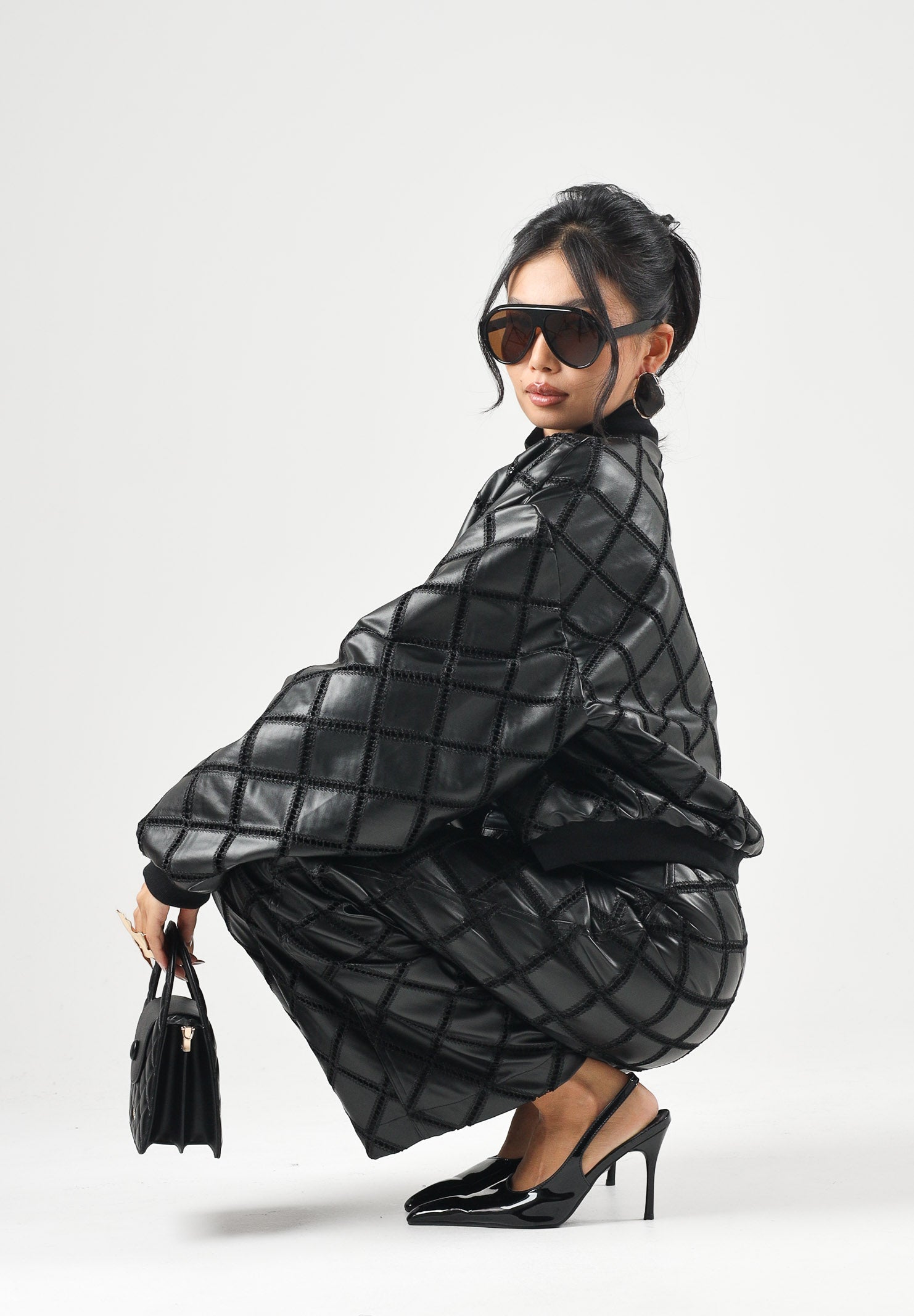 BOHEMIAN VI Giubbotto bomber trapuntato a rombi nero da donna effetto pelle BHGB001 UN BOHEMIAN VI 
