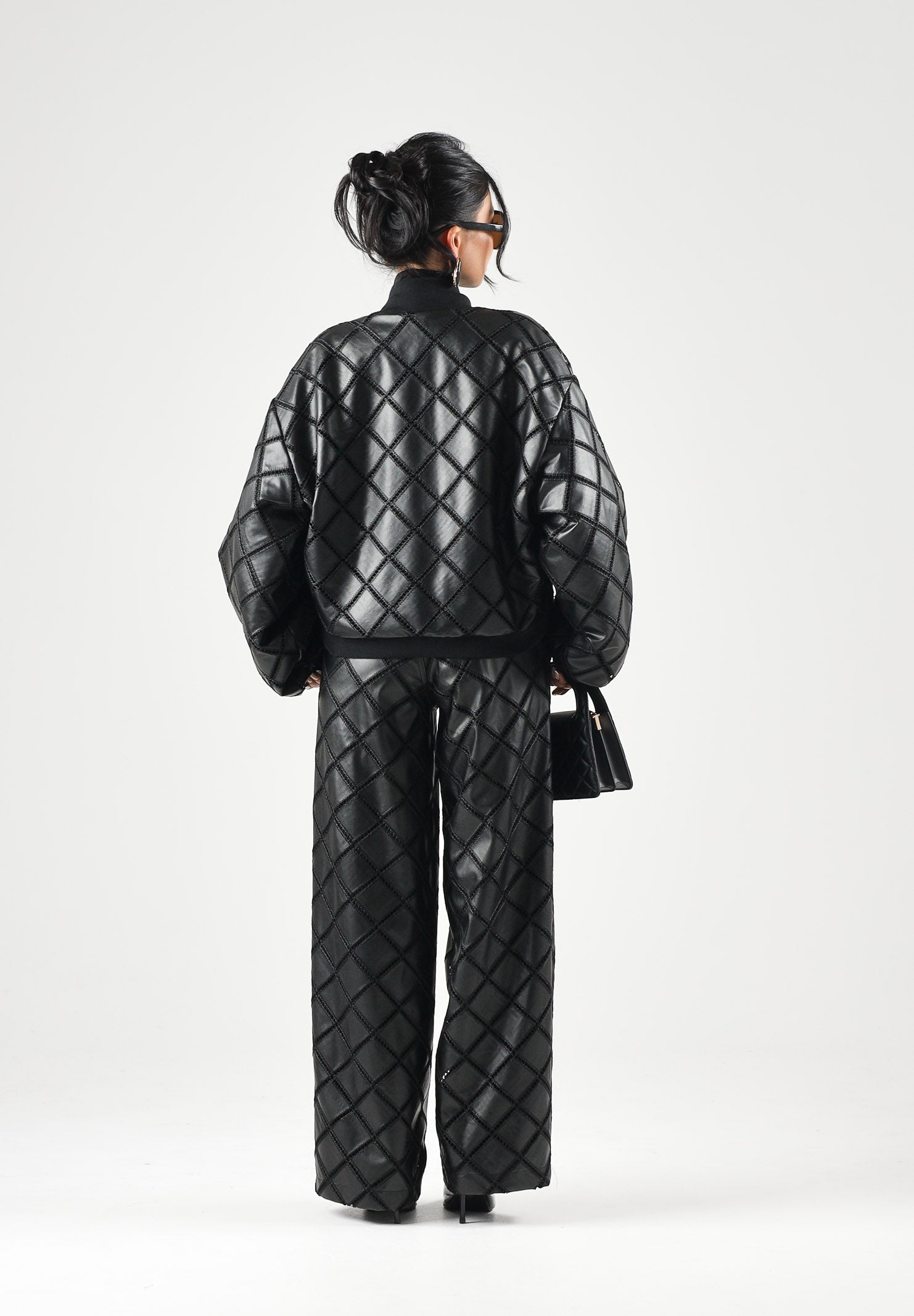 BOHEMIAN VI Giubbotto bomber trapuntato a rombi nero da donna effetto pelle BHGB001 UN BOHEMIAN VI 