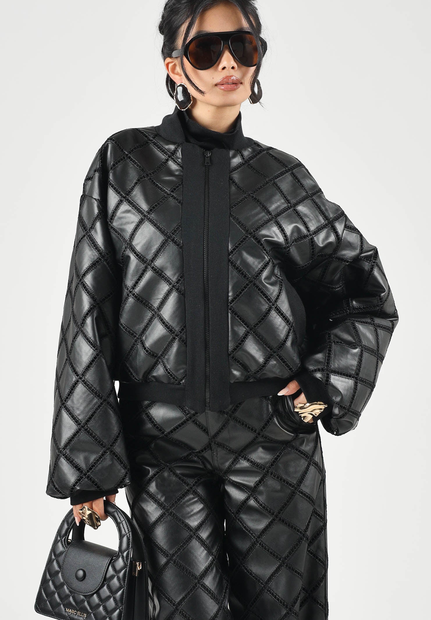 BOHEMIAN VI Giubbotto bomber trapuntato a rombi nero da donna effetto pelle BHGB001 UN BOHEMIAN VI 