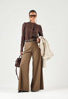 BOHEMIAN VI Pantaloni tartan marroni  per donna dal taglio ampio a palazzo, vita regolare e raffinato motivo geometrico BHPA061 UN BOHEMIAN VI 