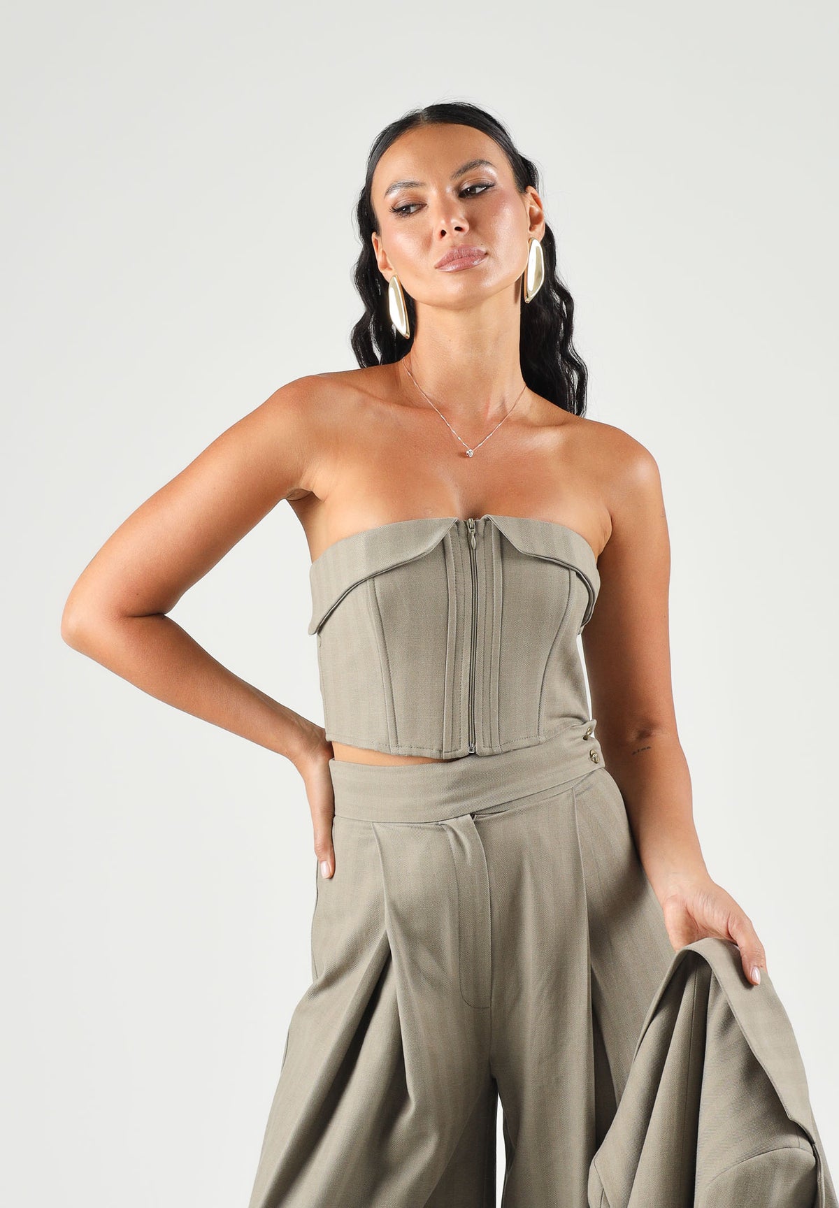 BOHEMIAN VI Top stile corpetto  verde oliva  tortora per donna con struttura a corsetto rigido BOU371 TA BOHEMIAN VI 